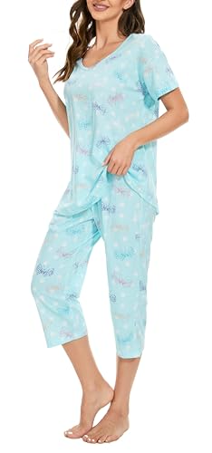 BERDITH Schlafanzug Damen Kurz Sommer Pyjama Baumwollmischung Nachtwäsche Hausanzug 3/4 Lange Womens Plus Size Summer Pyjamas Sets Loungewear Summer Pjs Sets Cotton Sleepwear Short Sleeve von BERDITH