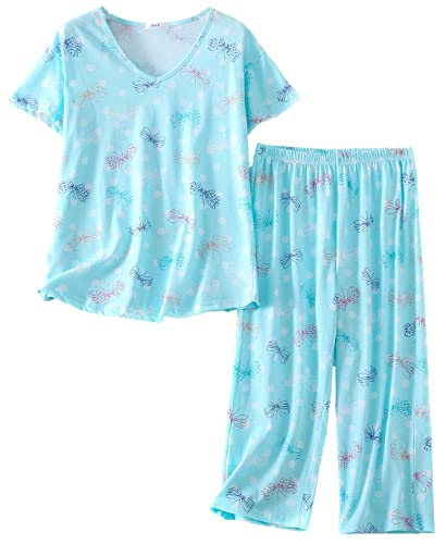 BERDITH Womens Plus Size Summer Pyjamas Sets Loungewear Summer Pjs Sets Cotton Sleepwear Short Sleeve Top and 3/4 Capri Pants Floral Print Sleep Shorts S M L XL XXL XXXL von BERDITH