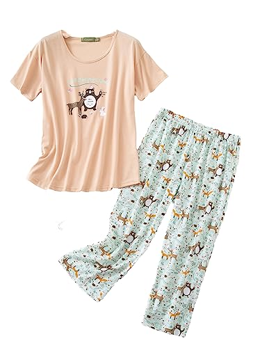 BERDITH Damen Schlafanzug Kurz Sommer Pyjama Baumwollmischung Nachtwäsche Hausanzug 3/4 Lange Capri Hose Sleepshirt Zweiteiliger Damen Nachthemd Kurzarm aus Baumwolle softweich Große Größen von BERDITH