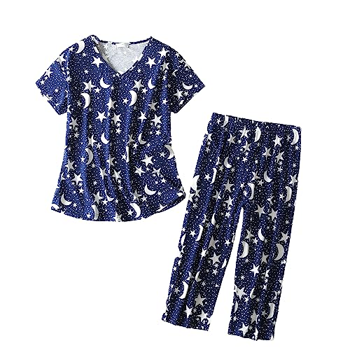 BERDITH Damen Schlafanzug Kurz Sommer Pyjama Baumwollmischung Nachtwäsche Hausanzug 3/4 Lange Capri Hose Sleepshirt Zweiteiliger Damen Nachthemd Kurzarm aus Baumwolle softweich Große Größen von BERDITH