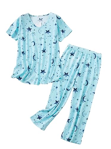 BERDITH Damen Schlafanzug Kurz Sommer Pyjama Baumwollmischung Nachtwäsche Hausanzug 3/4 Lange Capri Hose Sleepshirt Zweiteiliger Damen Nachthemd Kurzarm aus Baumwolle softweich Große Größen von BERDITH