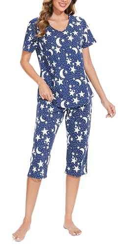 Weite Pyjama Damen Kurz Set,Capri Schlafanzug Sommer Baumwollmischung,Bequemen Lounge Set Zweiteiler Oberteil und 3/4 Hose für Frauen Freizeit Mädchen Women Nachthemd,Orangensaft Größe 48-50 von BERDITH