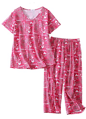 Damen Schlafanzug Kurz Sommer Pyjama Baumwollmischung Nachtwäsche Hausanzug 3/4 Lange Capri Hose Sleepshirt Zweiteiliger Damen Nachthemd Kurzarm aus Baumwolle softweich Große Größen von BERDITH