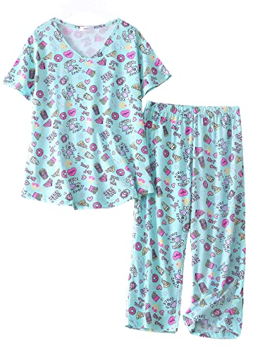 Damen Schlafanzug Kurz Sommer Pyjama Baumwollmischung Nachtwäsche Hausanzug 3/4 Lange Capri Hose Sleepshirt Zweiteiliger Damen Nachthemd Kurzarm aus Baumwolle softweich Große Größen von BERDITH