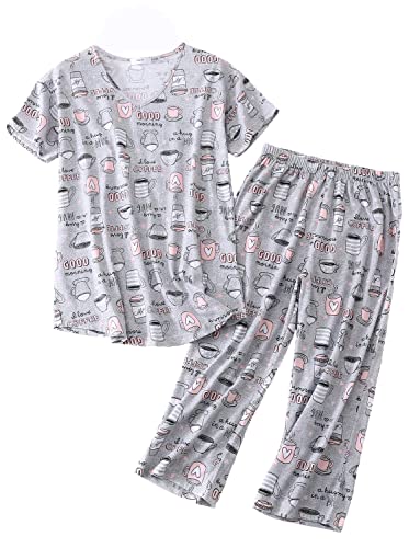Damen Schlafanzug Kurz Sommer Pyjama Baumwollmischung Nachtwäsche Hausanzug 3/4 Lange Capri Hose Sleepshirt Zweiteiliger Damen Nachthemd Kurzarm aus Baumwolle softweich Große Größen von BERDITH
