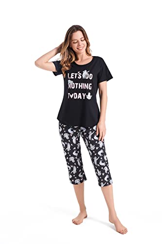 Weite Pyjama Damen Kurz Set,Capri Schlafanzug Sommer Baumwollmischung,Bequemen Lounge Set Zweiteiler Oberteil und 3/4 Hose für Frauen Freizeit Mädchen Women Nachthemd,Schwarzer Faultier Größe 44-46 von BERDITH