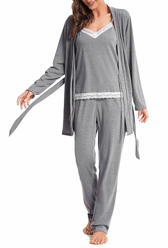 Damen Schlafanzug Lang 3 Teiliges Set Women Pyjama Hausanzug Schiesser Schlafanzüge für Weihnachten Geschenk Nachtwäsche Nachthemd Grau XXL von BERDITH