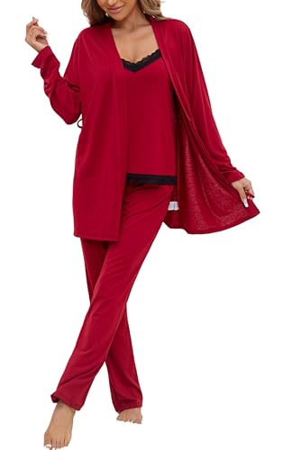 Damen Schlafanzug Lang 3 Teiliges Set Women Pyjama Hausanzug Schiesser Schlafanzüge für Weihnachten Geschenk Nachtwäsche Nachthemd Rot XL von BERDITH