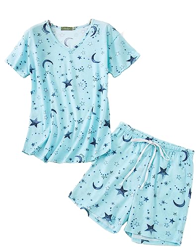 Schlafanzug Damen Kurz Set Pyjama Sommer Baumwollmischung Kurzarm Weite Lounge Set Zweiteiler für Frauen Freizeit Mädchen Women Nachthemd ，Blauer Stern S von BERDITH