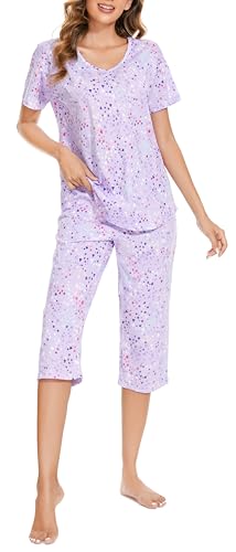 Weite Pyjama Damen Kurz Set,Capri Schlafanzug Sommer Baumwollmischung,Bequemen Lounge Set Zweiteiler Oberteil und 3/4 Hose für Frauen Freizeit Mädchen Women Nachthemd,Violett Größe 36-38 von BERDITH