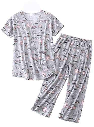 Weite Pyjama Damen Kurz Set,Capri Schlafanzug Sommer Baumwollmischung,Bequemen Lounge Set Zweiteiler Oberteil und 3/4 Hose für Frauen Freizeit Mädchen Women Nachthemd,graue Tasse Größe 36-38 von BERDITH