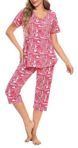 Weite Pyjama Damen Kurz Set,Capri Schlafanzug Sommer Baumwollmischung,Bequemen Lounge Set Zweiteiler Oberteil und 3/4 Hose für Frauen Freizeit Mädchen Women Nachthemd,rot Größe 56-58 von BERDITH