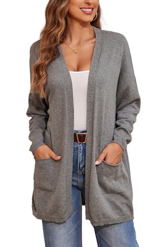 BERESIA Damen 100% Baumwolle Leichter Offener Cardigan mit Taschen, Langarm, Weiches Oversized Strickjacke, Casuale Pullover, Dunkelgrau, XXL von BERESIA