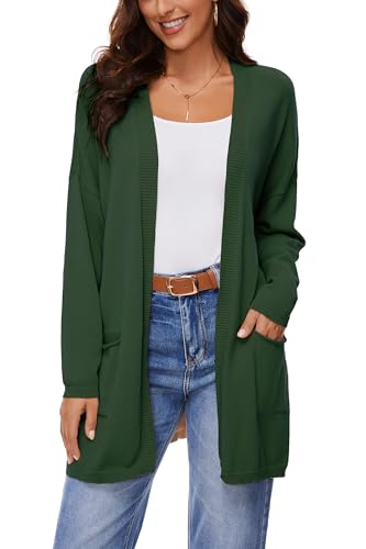 BERESIA Damen 100% Baumwolle Leichter Offener Cardigan mit Taschen, Langarm, Weiches Oversized Strickjacke, Casuale Pullover, Grün, L von BERESIA