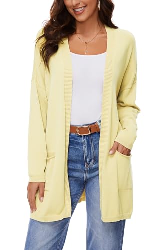 BERESIA Damen 100% Baumwolle Leichter Offener Cardigan mit Taschen, Langarm, Weiches Oversized Strickjacke, Casuale Pullover, Hellgelb, M von BERESIA