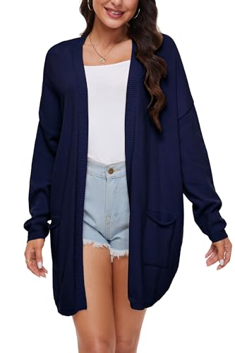 BERESIA Damen 100% Baumwolle Leichter Offener Cardigan mit Taschen, Langarm, Weiches Oversized Strickjacke, Casuale Pullover, Marineblau, XXL von BERESIA