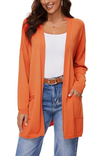 BERESIA Damen 100% Baumwolle Leichter Offener Cardigan mit Taschen, Langarm, Weiches Oversized Strickjacke, Casuale Pullover, Orange, L von BERESIA