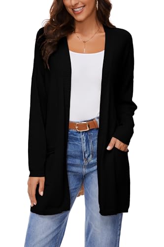 BERESIA Damen 100% Baumwolle Leichter Offener Cardigan mit Taschen, Langarm, Weiches Oversized Strickjacke, Casuale Pullover, Schwarz, S von BERESIA