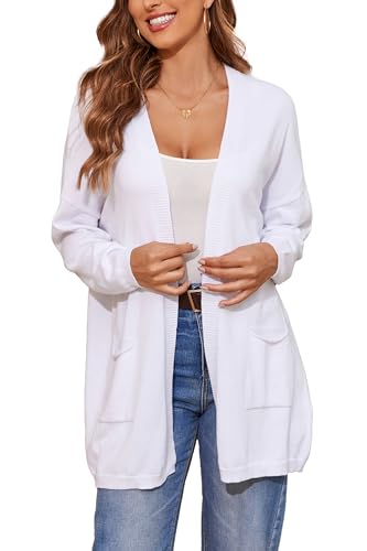BERESIA Damen 100% Baumwolle Leichter Offener Cardigan mit Taschen, Langarm, Weiches Oversized Strickjacke, Casuale Pullover, Weiß, XXL BERESIA Damen 100% Baumwolle Leichter Offener Cardigan mit Taschen, Langarm, Weiches Oversized Strickjacke, Casuale Pullover, Weiß, XXL von BERESIA