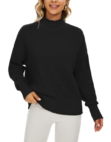 BERESIA Damen Rollkragenpullover aus 100 % Baumwolle, Oversize-Pullover 2024, lockerer Langarm-Pullover, Fledermaus-Strickpullover, Schwarz, Klein von BERESIA