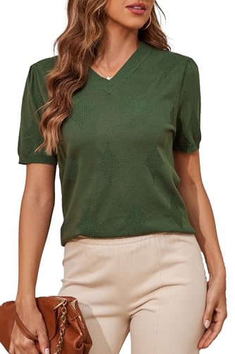 BERESIA Damen V-Ausschnitt Puff Kurzarm Tops 2025 Mode Frühling Sommer Damen Freizeit Weiche T-Shirts, Armeegrün, L von BERESIA