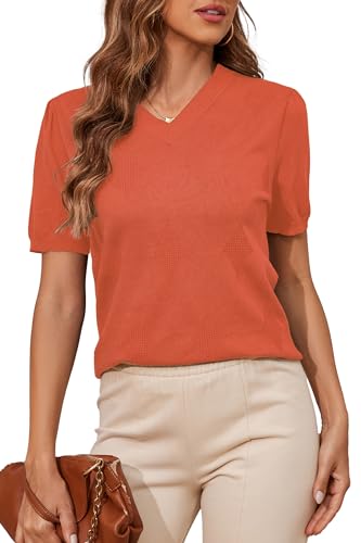 BERESIA Damen V-Ausschnitt Puff Kurzarm Tops 2025 Mode Frühling Sommer Damen Freizeit Weiche T-Shirts, Orange, XXL von BERESIA