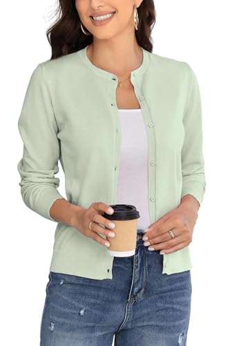 BERESIA Strickjacke für Damen Cardigan Pullover mit Knöpfen Rundhals Manica Lunga Elegant, Grüne Minze XXL von BERESIA