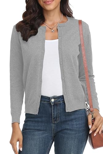 BERESIA Strickjacke für Damen Cardigan Pullover mit Knöpfen Rundhals Manica Lunga Elegant, Hellgrau XXL von BERESIA