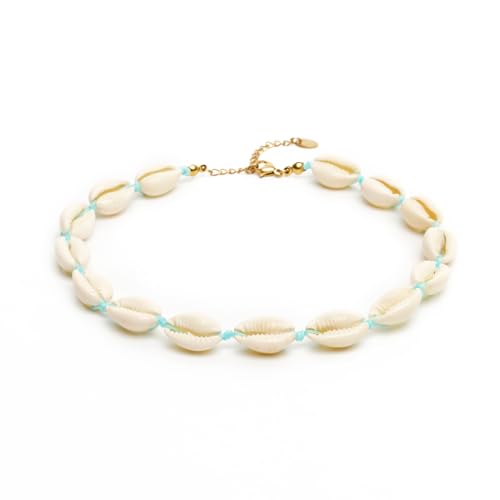 BERGERLIN Muschelkette für Damen und Herren - Mit vergoldetem Verschluss und Echtheitszertifizierung - Muschel Halskette, Muschel Choker (M-L, Blau) von BERGERLIN