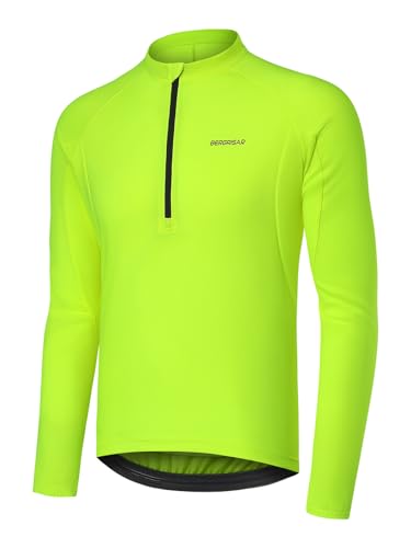 BERGRISAR Halb-Reißverschluss Radtrikot Fahrradtrikot für Herren Langarm MTB Mountainbike Trikots Loose-fit Neongrün XX-Large von BERGRISAR