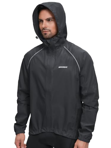 BERGRISAR Herren Fahrradjacke Wasserdicht Atmungsaktiv Fahrrad Regenjacke mit Kapuze Leich Windbreaker Laufjacke Wanderjacke Schwarz Mittel von BERGRISAR