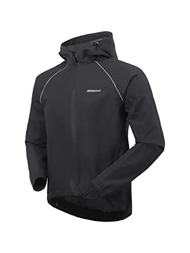 BERGRISAR Herren Fahrradjacke Regenjacke mit Kapuze Wasserdicht Atmungsaktiv Leicht Laufjacke Wanderjacke Windbreaker Schwarz X-Groß von BERGRISAR