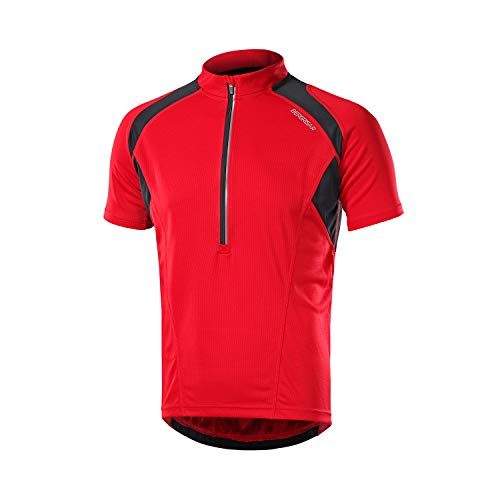 BERGRISAR Herren Radtrikot Fahrradtrikot Kurzarm, Halbem Reißverschluss MTB Mountainbike Trikots T Shirt 3+1 Taschen BG060, Rot, X-Large von BERGRISAR