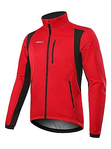 BERGRISAR Herren Winter Fahrradjacke Fleece Winddicht Wasserdicht Atmungsaktiv Radsport-jacken mit 6 Taschen Rot Klein von BERGRISAR