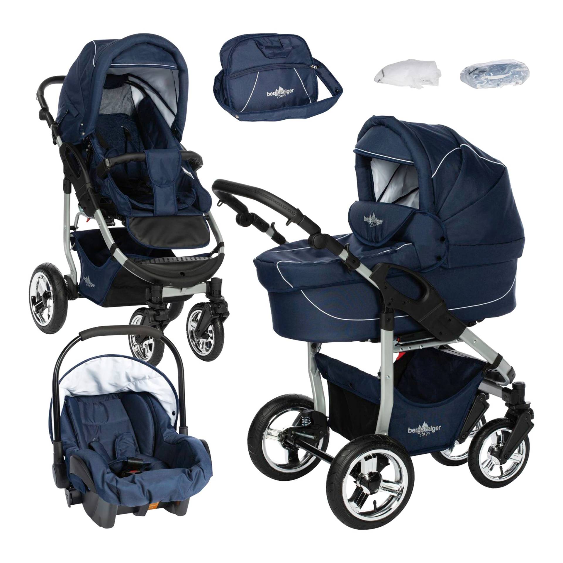 Bergsteiger Kombikinderwagen Capri Trio-Set mit Wickeltasche und Fußsack blau von Bergsteiger