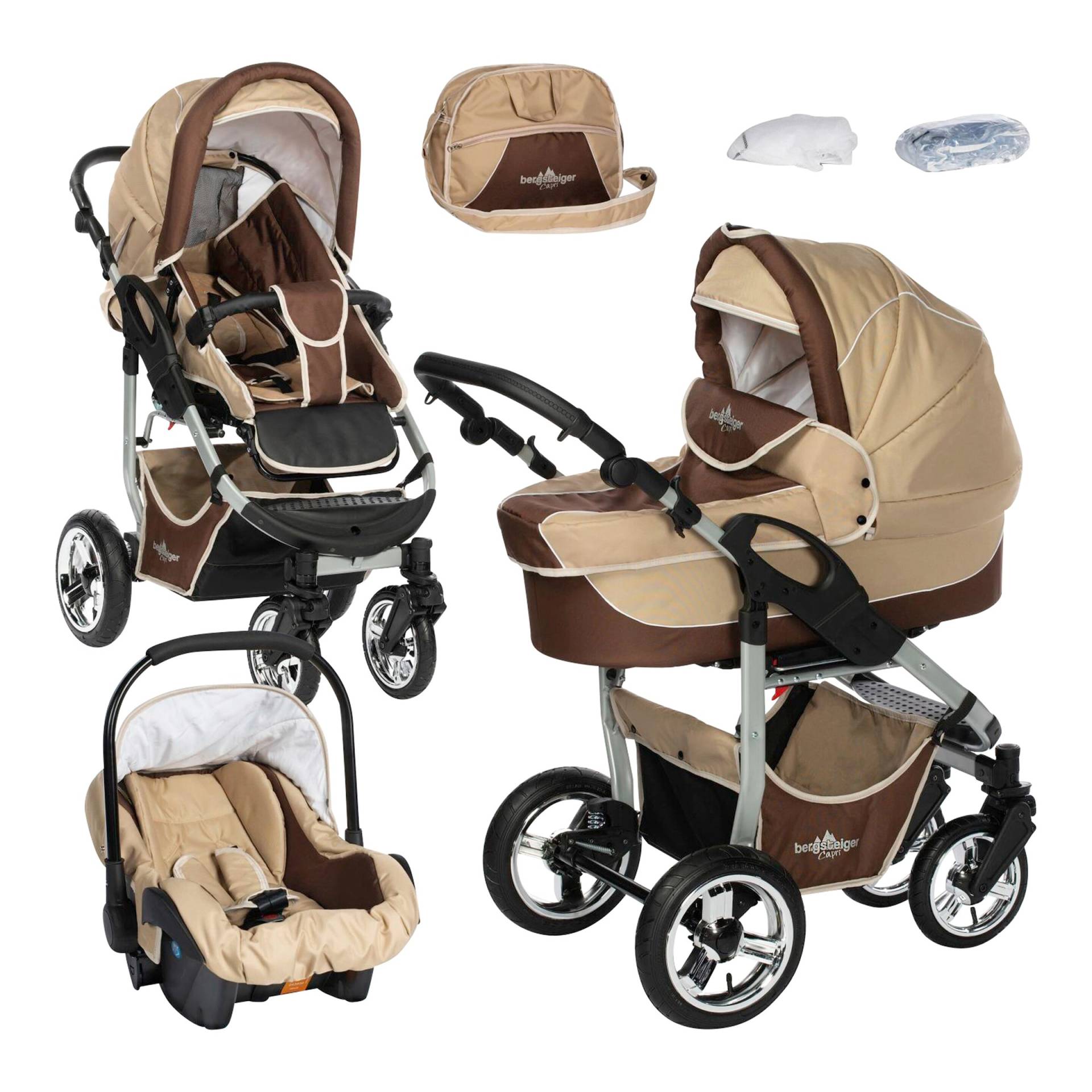 Bergsteiger Kombikinderwagen Capri Trio-Set mit Wickeltasche und Fußsack braun von Bergsteiger