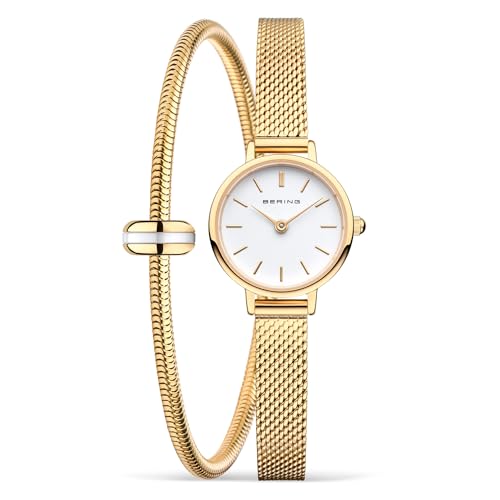 BERING Damen Quarz Uhr | Armbanduhr 22 mm goldenes Edelstahlgehäuse und weißes Zifferblatt | Milanaisearmband | Saphierglas | 3 ATM | 11022-334-Lovely-1-GWP190 von BERING