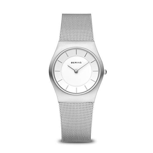 BERING Damen Quarz Uhr | Armbanduhr 30 mm silbernes Edelstahlgehäuse und weißes Zifferblatt | Milanaisearmband | Saphierglas | 5 ATM | 11930-001 von BERING