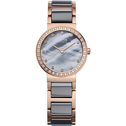 BERING Damen Quarz Uhr | Armbanduhr 25 mm roségoldenes Edelstahlgehäuse und graues Zifferblatt | Edelstahlband mit Keramikelementen | 5 ATM | 10725-769 von BERING