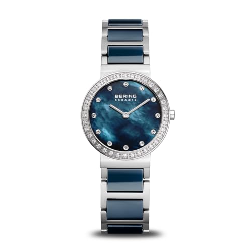 BERING Damen Quarz Uhr | Armbanduhr 29 mm silbernes Edelstahlgehäuse und blaues Zifferblatt | Edelstahlband mit Keramikelementen | 5 ATM | 10729-707 von BERING