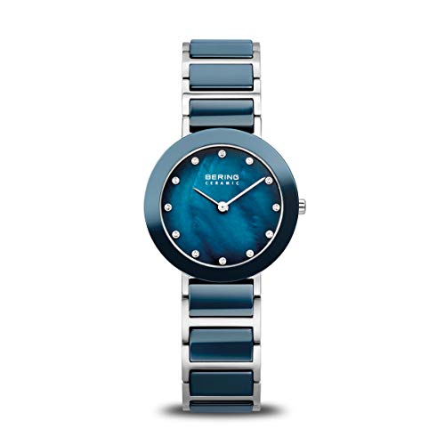 BERING Damen Quarz Uhr | Armbanduhr 29 mm silbernes Edelstahlgehäuse und blaues Zifferblatt | Edelstahlband mit Keramikelementen | 5 ATM | 11429-787 von BERING