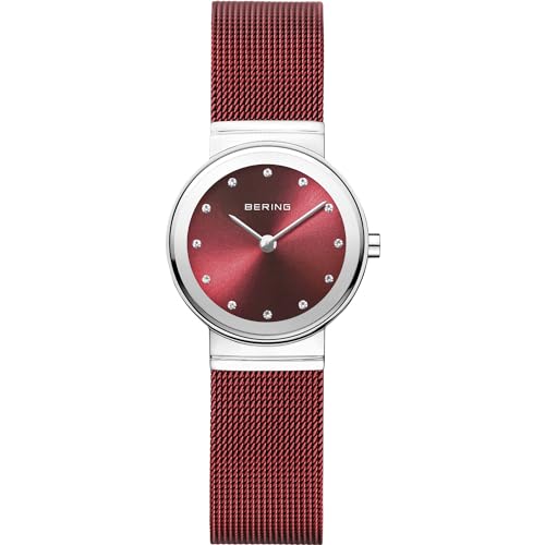 BERING Damen Quarz Uhr | Armbanduhr 26 mm silbernes Edelstahlgehäuse und rotes Zifferblatt | Milanaisearmband | Saphierglas | 5 ATM | 10126-303 von BERING