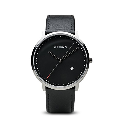 BERING Unisex Quarz Uhr | Armbanduhr 39 mm silbernes Edelstahlgehäuse und schwarzes Zifferblatt | Kalbslederarmband | Saphierglas | 3 ATM | 11139-402 von BERING