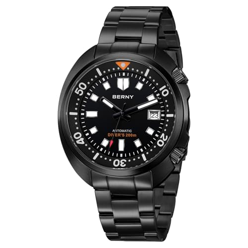 BERNY Automatikuhr Für Herren 20ATM Wasserdicht Taucheruhr Komplett Schwarz Mechanische Armbanduhr Mit Super Leuchtstark Voll Edelstahl AR Beschichtet Saphirglas von BERNY