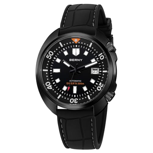 BERNY Automatikuhr Für Herren Komplett Schwarz Taucheruhr 200M Wasserdicht Herren Analog Mechanische Armbanduhr Mit Super Leuchtstark Datum Anzeige Fluoroelastomer Armband von BERNY