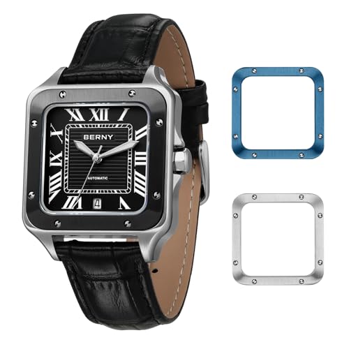 BERNY Automatische Uhr für Männer Quadratische Uhren Saphirlinse AR Beschichtung Mechanische Uhren 10ATM wasserdichte Männer Analoge Armbanduhr Vintage Männeruhr mit 2 austauschbarer Lünette von BERNY