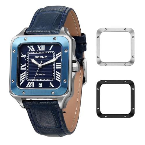 BERNY Automatische Uhr für Männer Quadratische Uhren Saphirlinse AR Beschichtung Mechanische Uhren 10ATM wasserdichte Männer Analoge Armbanduhr Vintage Männeruhr mit 2 austauschbarer Lünette von BERNY