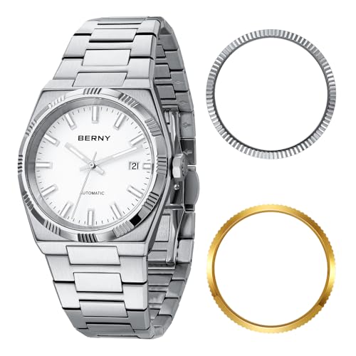 BERNY Automatische Uhren für Männer Mechanische Armbanduhr 5ATM Wasserdicht Männlich Klassische Anzug Uhren Super Leuchtend Datum Kalender Silber Uhr Kommt mit 2 zusätzlichen Lünetten von BERNY