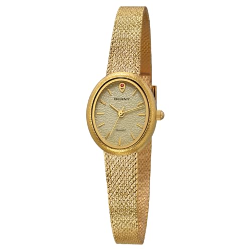 BERNY Damen Gold Armbanduhr Ovale Armbanduhr Für Damen Zierliche Quarzuhren 3ATM Wasserdicht von BERNY