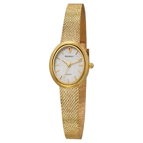 BERNY Damen Gold Armbanduhr Ovale Armbanduhr Für Damen Zierliche Quarzuhren 3ATM Wasserdicht von BERNY